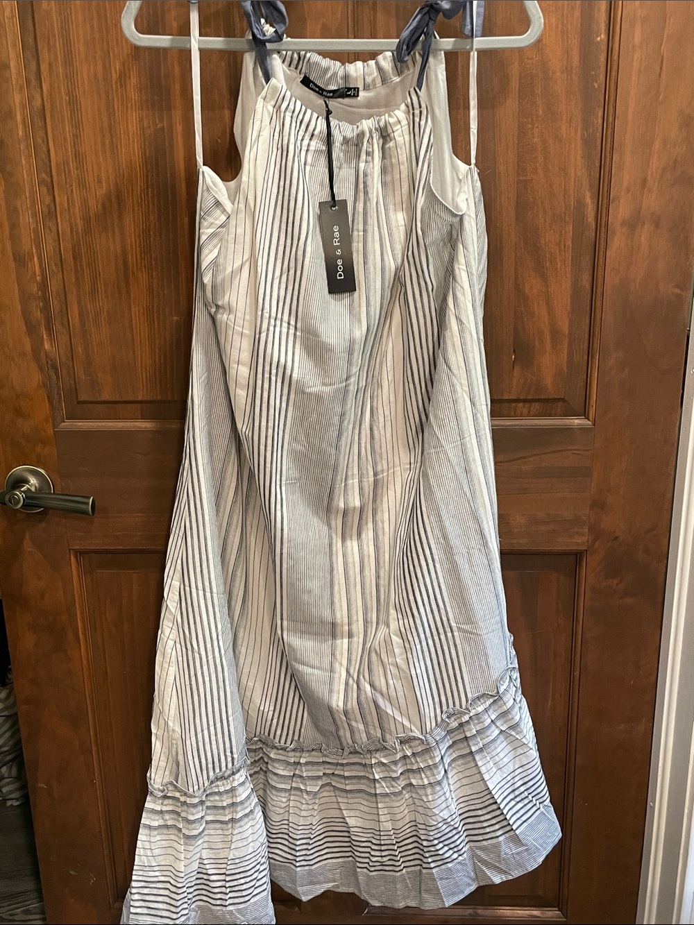 Doe & Rae Light Gray Striped Tie-Shoulder Dress - Picture 7 of 7